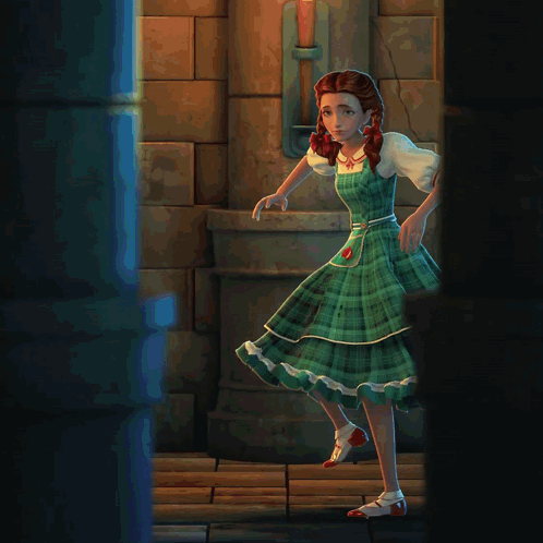 A Cartoon Of A Girl In A Green Plaid Dress And Red Shoes GIF