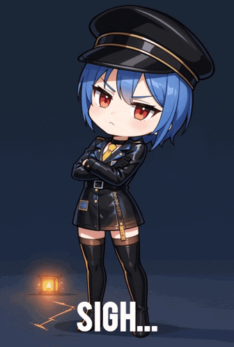 a cartoon of a girl in a military uniform with the words sigh behind her