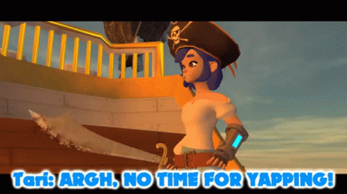 A Cartoon Of A Girl In A Pirate Hat With The Words " Tari Argh No Time For Yapping " GIF