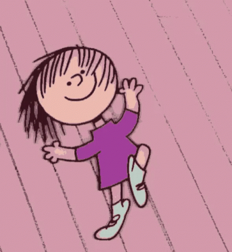 A Cartoon Of A Girl In A Purple Dress Waving Her Hand GIF