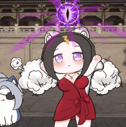 A Cartoon Of A Girl In A Red Dress With A Cat Ear GIF