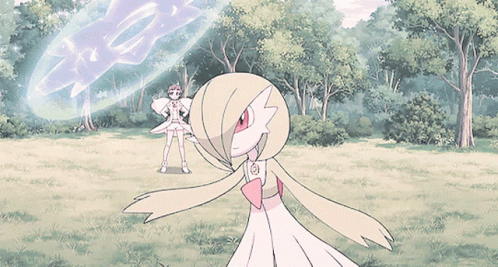 A Cartoon Of A Girl In A White Dress Standing In A Field With Trees In The Background GIF