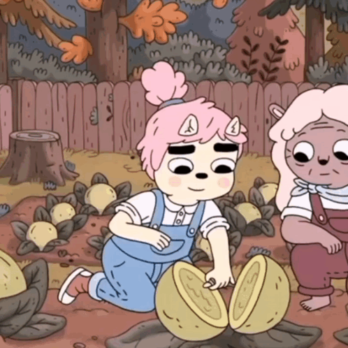 A Cartoon Of A Girl Kneeling Down With A Melon GIF