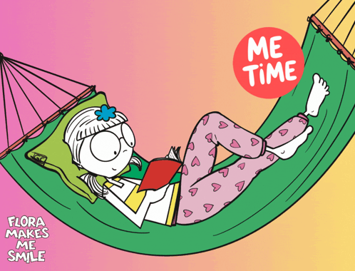A Cartoon Of A Girl Laying In A Hammock Reading A Book With The Words " Me Time " Above Her GIF