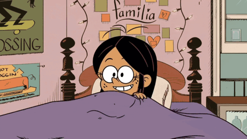 A Cartoon Of A Girl Laying In Bed With A Sign That Says Familia On It GIF