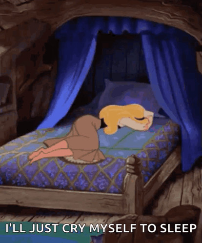 A Cartoon Of A Girl Laying On A Bed With The Words I 'Ll Just Cry Myself To Sleep Below Her GIF