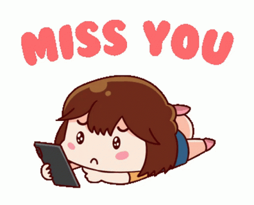 A Cartoon Of A Girl Laying On Her Stomach Looking At A Tablet With The Words Miss You Below Her GIF