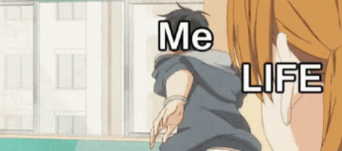 A Cartoon Of A Girl Looking At A Boy With The Words Me Life Above Him GIF