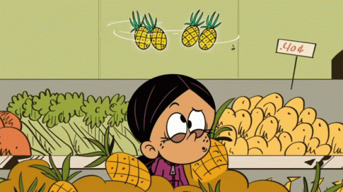A Cartoon Of A Girl Looking At Pineapples In A Store GIF