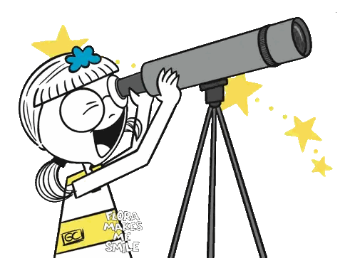 a cartoon of a girl looking through a telescope with the words flora makes me smile on the bottom right