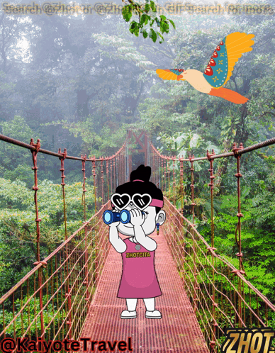 A Cartoon Of A Girl Looking Through Binoculars On A Bridge With A Bird Flying In The Background GIF