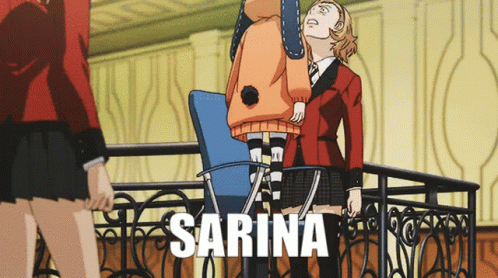A Cartoon Of A Girl Named Sarina Standing Next To A Chair GIF
