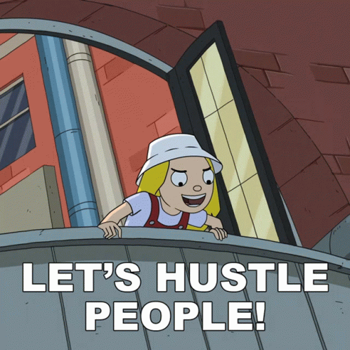 A Cartoon Of A Girl On A Balcony With The Words Let 'S Hustle People GIF