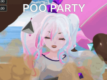 A Cartoon Of A Girl On A Beach With The Words Poo Party Below Her GIF