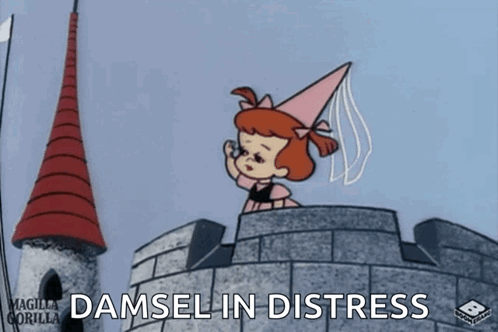 A Cartoon Of A Girl On Top Of A Castle With The Words Damsel In Distress Above Her GIF