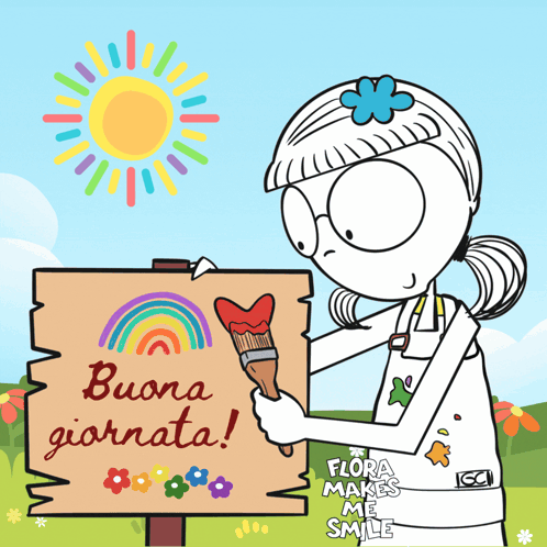 A Cartoon Of A Girl Painting A Sign That Says Buona Giornata GIF