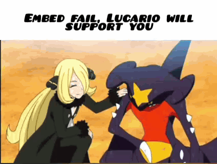 A Cartoon Of A Girl Petting A Monster With The Words Embed Fail Lucario Will Support You GIF