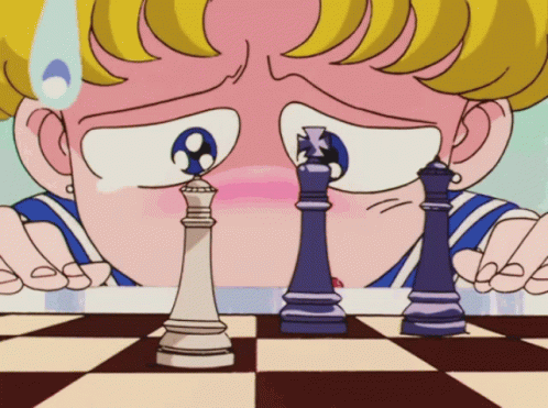 A Cartoon Of A Girl Playing Chess With A King And Queen On The Board GIF