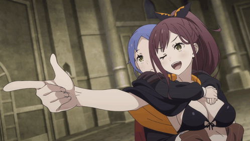 A Cartoon Of A Girl Pointing At Something While Another Girl Looks On GIF