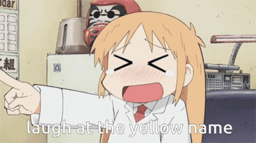 A Cartoon Of A Girl Pointing At Something With The Words Laugh At The Yellow Name Below Her GIF