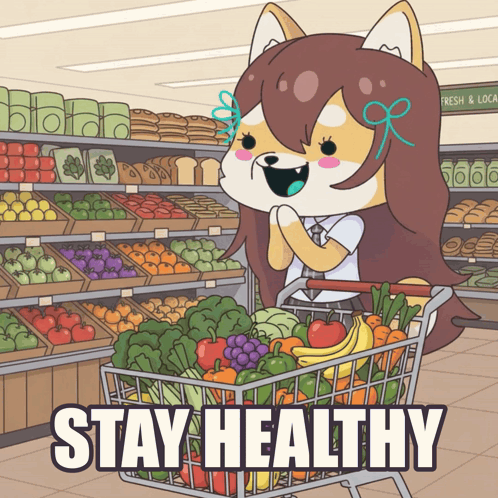 A Cartoon Of A Girl Pushing A Shopping Cart Full Of Fruits And Vegetables With The Words Stay Healthy Underneath Her GIF