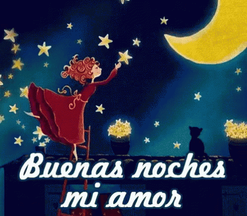 A Cartoon Of A Girl Reaching For A Star With The Words Buenas Noches Mi Amor In White Letters GIF