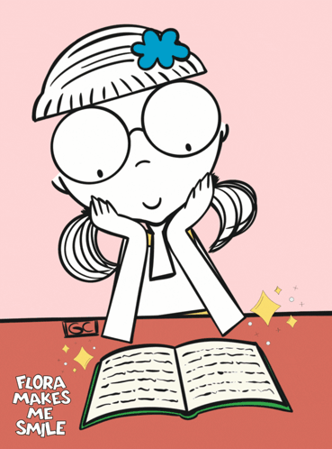 A Cartoon Of A Girl Reading A Book With The Words Flora Makes Me Smile GIF