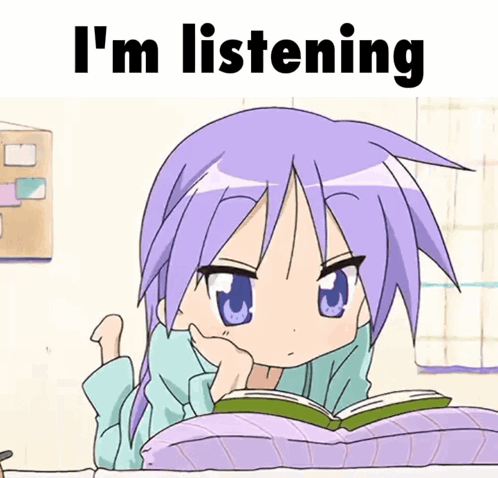 a cartoon of a girl reading a book with the words i 'm listening behind her