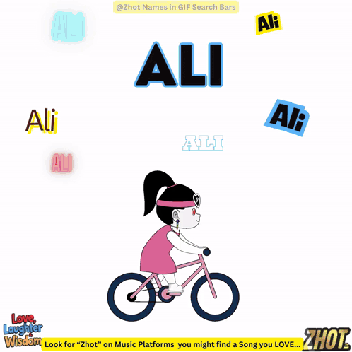 A Cartoon Of A Girl Riding A Bike With The Name Ali GIF