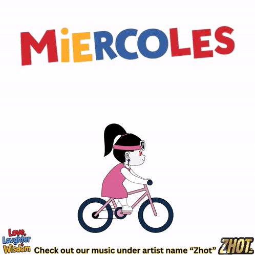 a cartoon of a girl riding a bike with the word miercoles on the top