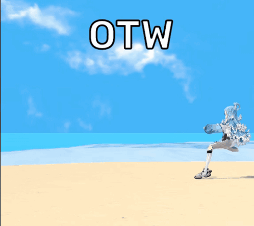 A Cartoon Of A Girl Running On A Beach With The Words Otw Written Above Her GIF