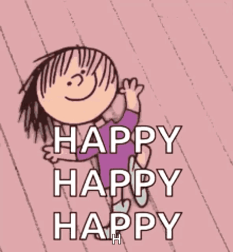 A Cartoon Of A Girl Saying Happy Happy Happy On A Pink Background GIF