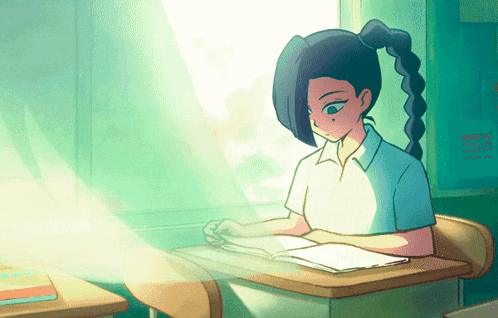 A Cartoon Of A Girl Sitting At A Desk With A Book On It GIF