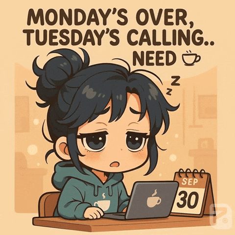 A Cartoon Of A Girl Sitting At A Desk With A Laptop And The Words Monday 'S Over Tuesdays Calling Need GIF