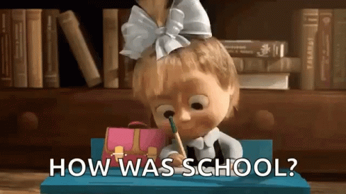 Girl Sitting At Desk With How Was School Text GIF