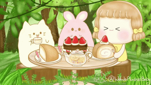 A Cartoon Of A Girl Sitting At A Table With A Cat And Rabbit GIF