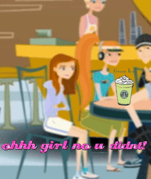 A Cartoon Of A Girl Sitting At A Table With A Cup Of Starbucks Coffee GIF