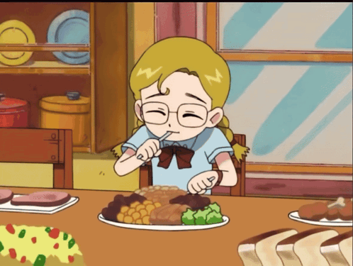 a cartoon of a girl sitting at a table with a plate of food