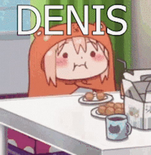 A Cartoon Of A Girl Sitting At A Table With The Name Denis On It GIF