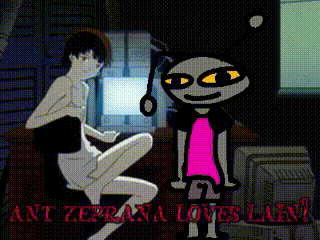 A Cartoon Of A Girl Sitting Next To Another Girl With The Words " Ant Zeprana Loves Lain " Above Them GIF