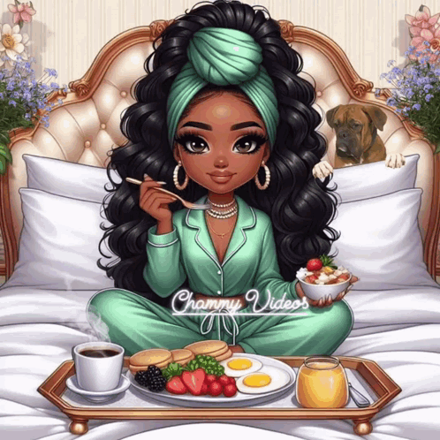 A Cartoon Of A Girl Sitting On A Bed With A Tray Of Food And The Words Chammy Videos On The Bottom Right GIF