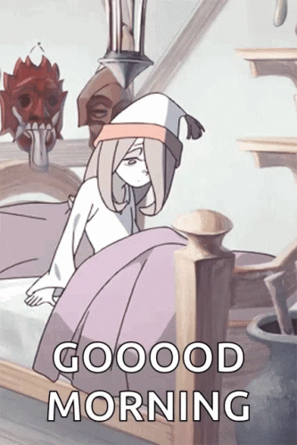 A Cartoon Of A Girl Sitting On A Bed With The Words " Good Morning " Written Below Her GIF