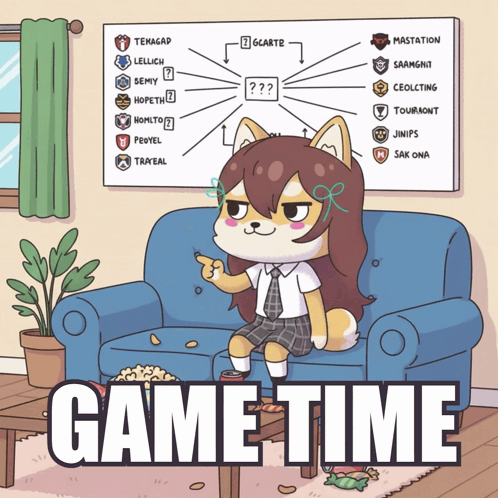 a cartoon of a girl sitting on a couch with the words game time written below her
