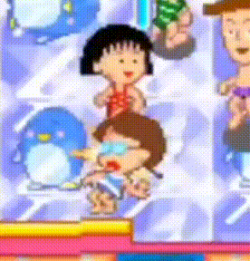 A Cartoon Of A Girl Sitting On A Man 'S Head In Front Of A Penguin . GIF