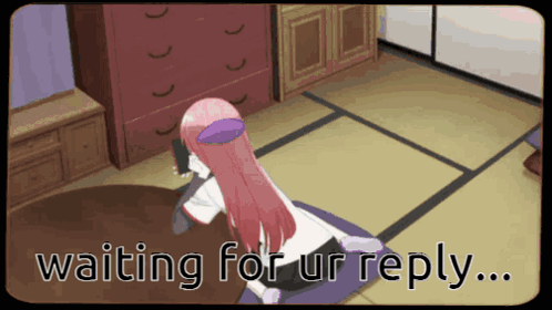 A Cartoon Of A Girl Sitting On A Rug With The Words Waiting For Ur Reply GIF