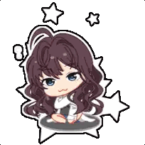 a cartoon of a girl sitting on a star with a speech bubble above her head