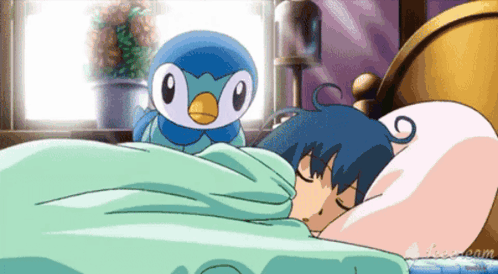 A Cartoon Of A Girl Sleeping With A Blue Penguin On Her Head GIF