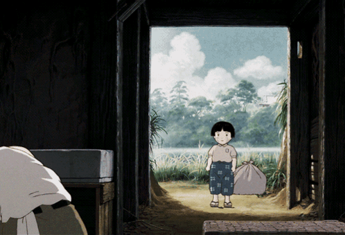 A Cartoon Of A Girl Standing In A Doorway Holding A Garbage Bag GIF