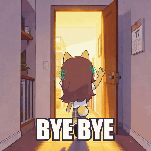 A Cartoon Of A Girl Standing In A Doorway With The Words Bye Bye Below Her GIF