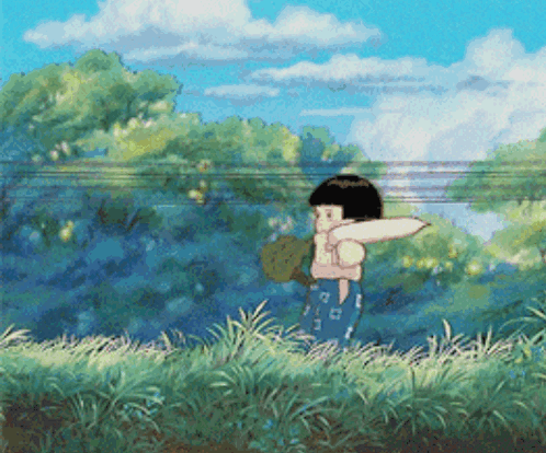 A Cartoon Of A Girl Standing In A Field Holding A Stuffed Animal GIF
